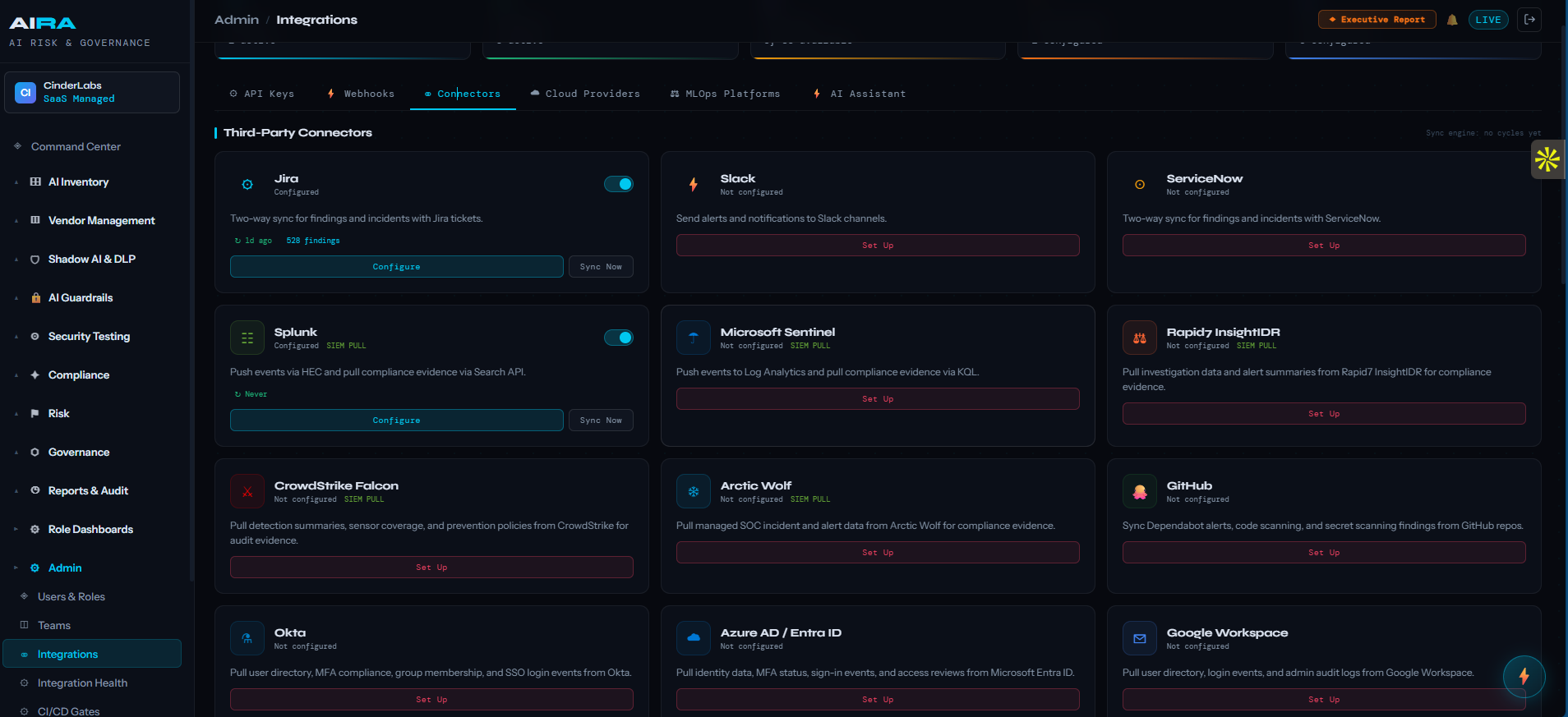 AIRA Integrations page showing 32 connectors with category filters and search
