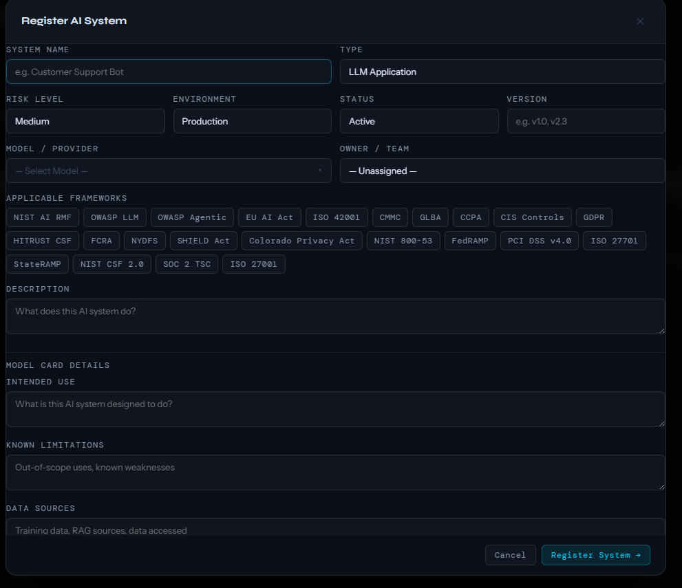 AIRA AI System registration with risk classification, model details, and compliance mapping
